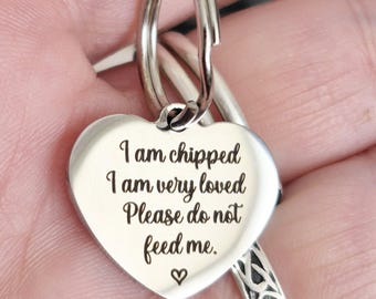Tiny 20mm. I'm chipped do not feed me design. cat or puppy ID tags laser engraved,  stainless steel available in silver, gold and rose gold