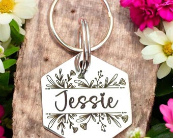 Beautiful wildflower design stylish 30mm hexagon pet ID tag. Available in silver stainless steel. Personalised front and back.