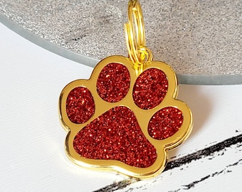 Quality coloured sparkly GOLD paw dog ID tag, laser engraved.