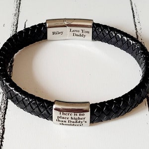 Mens quality leather black or antique brown cord bracelet with stainless steel clasp and engraved slider bead.