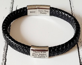 Mens quality leather black or antique brown cord bracelet with stainless steel clasp and engraved slider bead.