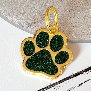 Quality coloured sparkly GOLD paw dog ID tag, laser engraved.