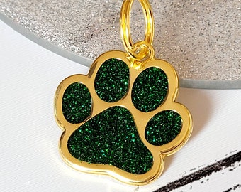 Quality coloured sparkly GOLD paw dog ID tag, laser engraved.