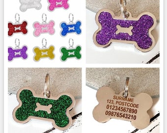 Quality coloured sparkly bone dog ID tag, laser engraved.
