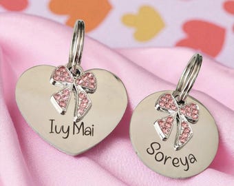 Personalised Pink Bow Charm Pet ID Tag – Heart or Round, Engraved Front & Back, Pretty Blingy Pet Tag. Unique. Pet Jewellery.