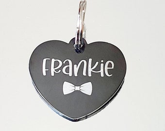 Bowtie design Black Stainless Steel heart pet ID tag.  Laser engraved.