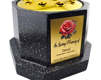 Personalised Rose Black Octagon Memorial Rose Bowl Grave Vase with Gold Lid | Custom Grave Flower Holder | In Loving Memory Vase