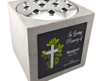 Personalised White Square Memorial Rose Bowl Grave Vase with Silver Lid | Custom Grave Flower Holder | In Loving Memory Cross Vase