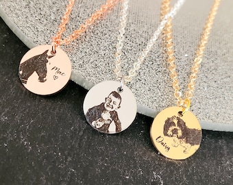 Laser Engraved photo 15mm pendant and necklace with gift box. Engraved from any clear image. Silver,  Rose Gold or Gold.