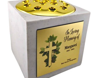 Personalised White Square Memorial Rose Bowl Grave Vase with Gold Lid | Custom Grave Flower Holder | In Loving Memory Cross Vase