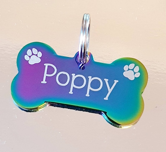 Rainbow Coloured Dog ID Tags Stainless Steel Bones. Various Fonts to Choose From. Paw Design. Etsy Canada