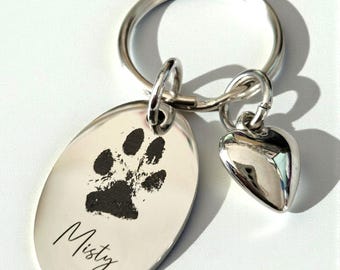 Personalised Oval Keyring | 30x25mm Stainless Steel Photo or Paw Print Engraved Keychain | Memorial Gift Keepsake