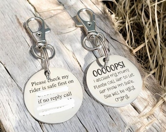 Bridle, Saddle and Headcollar tags, safety for if you fall off your horse. Personalised with your own text. Including lobster Clasp.
