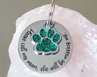 Pet tags engraved,  stainless steel available with pink, blue,green, yellow, red or silver paw.