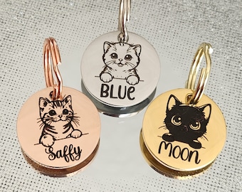 Tiny CUTE 20mm or 25mm cat kitten ID tags laser engraved,  stainless steel available in silver, gold and rose gold. Most breeds available.