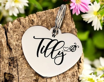 Heart shaped pet ID tag, dog tag, collar tag, cat tag, various colours & fonts, engraved. FREE shipping