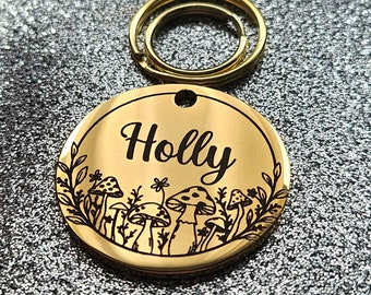 Luxury mushroom design pet ID tag, dog tag, collar tag, cat tag, various colours, engraved