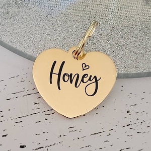 Heart shaped gold pet ID tag, dog tag, collar tag, cat tag, various colours & fonts, engraved