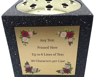 Personalised Floral Rose Black Square Memorial Rose Bowl Grave Vase with Silver Lid & Gold Plate | Custom Grave Flower Holder