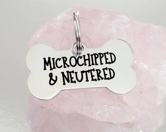 Microchipped &Neutered design,Bone shaped pet tags laser engraved, available in silver, gold, rose gold, black, rainbow and blue