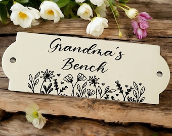 Grandma's Garden. Bench / memorial / gate / door plaque with custom engraved design. 12x8cm, 10x6cm or 8x3cm. 304 Steel.