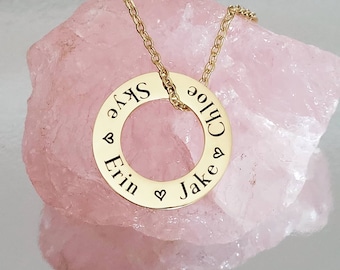 Laser engraved stainless Steel washer necklace, family names gift