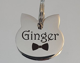 Stylish cat shaped silver cat ID tag laser engraved,  stainless steel.