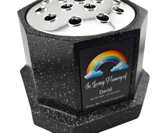 Personalised Rainbow Black Octagon Memorial Rose Bowl Grave Vase with Silver Lid | Custom Grave Flower Holder | In Loving Memory Vase