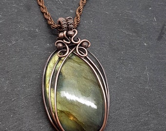Labradorite gemstone pendant necklace, wire wrapped with oxidised copper. 3 different chain to choose from