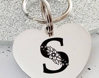 Floral letter Pet ID tags engraved,  stainless steel available in silver, gold and rose gold, laser engraved.
