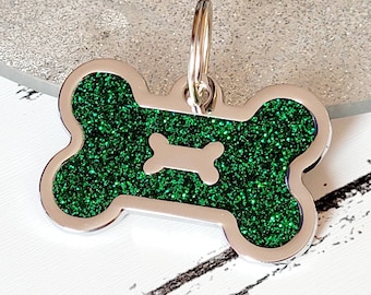 Quality coloured green sparkly bone dog ID tag, laser engraved.
