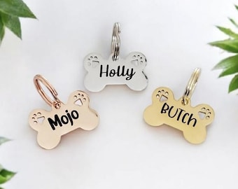 Puppy sized Bone pet tags engraved, available in silver, gold, rose gold. 25mm.