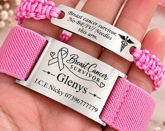 Breast Cancer Awareness Bracelet.  Personalised Medical Alert Bracelet, Engraved Emergency ID Bracelet, Adjustable Bracelet, I.C.E