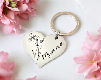 Mothers Day Birth flower keyring, with personalised message. Mum, mummy nan nanny.