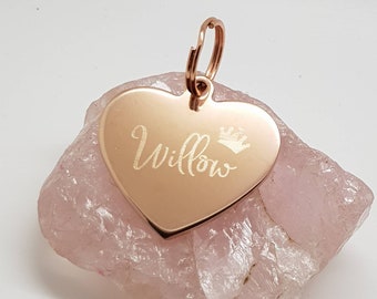 Pet princess prince tags engraved,  stainless steel rose gold heart with crown design.