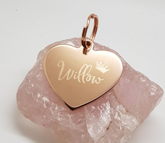 Pet princess prince tags engraved,  stainless steel rose gold heart with crown design.