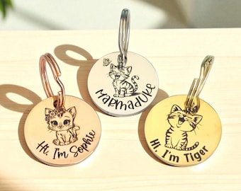 Tiny 20mm cat kitten ID tags laser engraved,  stainless steel available in silver, gold and rose gold. 14 cats to choose from.