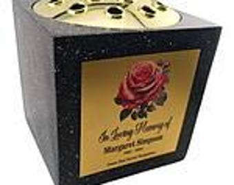 Personalised Floral Rose Black Square Memorial Rose Bowl Grave Vase with Silver or Gold Plate | Custom Grave Flower Holder