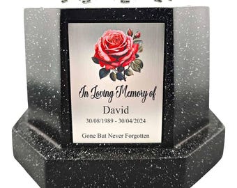 Personalised Rose Black Octagon Memorial Rose Bowl Grave Vase with Silver Lid | Custom Grave Flower Holder | In Loving Memory Vase