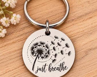 Just Breathe Keyring, Dandelion Mindfulness Gift, Anxiety Support Gift, Wellbeing Keepsake, Inspirational Engraved Keyring