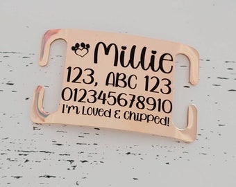 Pet ID collar tags, Shiny stainless steel slide on, 4 colours, 3 sizes to choose from. Laser engraved.