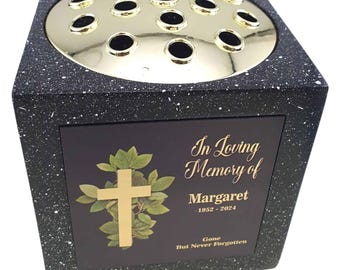 Personalised Black Square Memorial Rose Bowl Grave Vase with Gold Lid | Custom Grave Flower Holder | In Loving Memory Cross Vase