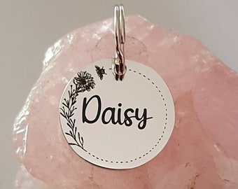 Lovely bumblebee and sunflower design pet ID tag, laser engraved, available in silver, gold, rose gold, brass and Black.