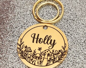 Luxury mushroom design pet ID tag, dog tag, collar tag, cat tag, various colours, engraved