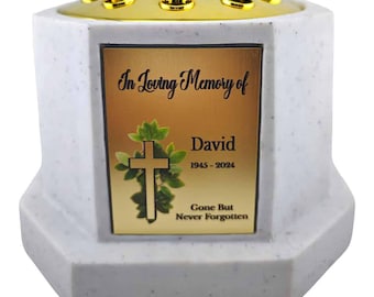 Personalised White Octagon Memorial Rose Bowl Grave Vase with Silver or Gold Lid | Custom Grave Flower Holder | In Loving Memory Cross Vase