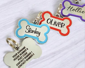 Alloy bone shaped dog ID tag, various colours and sizes.