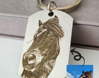 Laser Engraved photo keyring. Engraved from any clear image. Horse, Pony, Donkey, Equine, Equestrian.