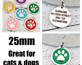Quality coloured paw or heart dog or cat ID tag, laser engraved.