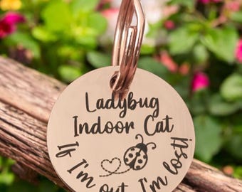 Tiny 20mm cat kitten ID tags laser engraved,  stainless steel available in silver, gold and rose gold. LADYBIRD design