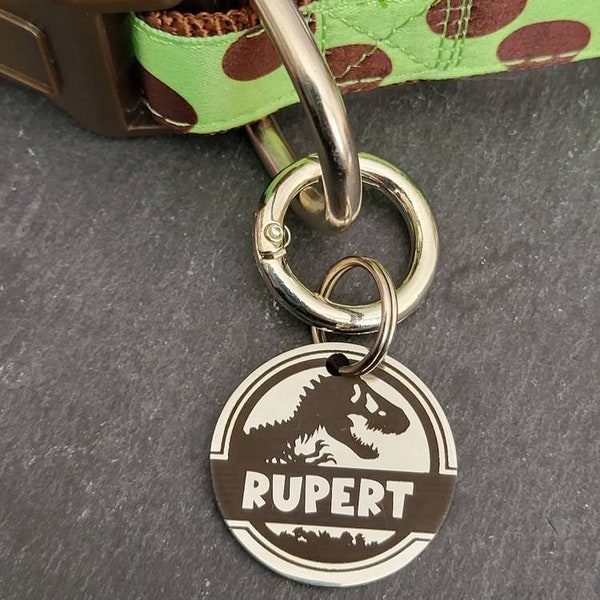 Jurassic design pet ID tag. Available in silver, gold, rose gold or black stainless Steel